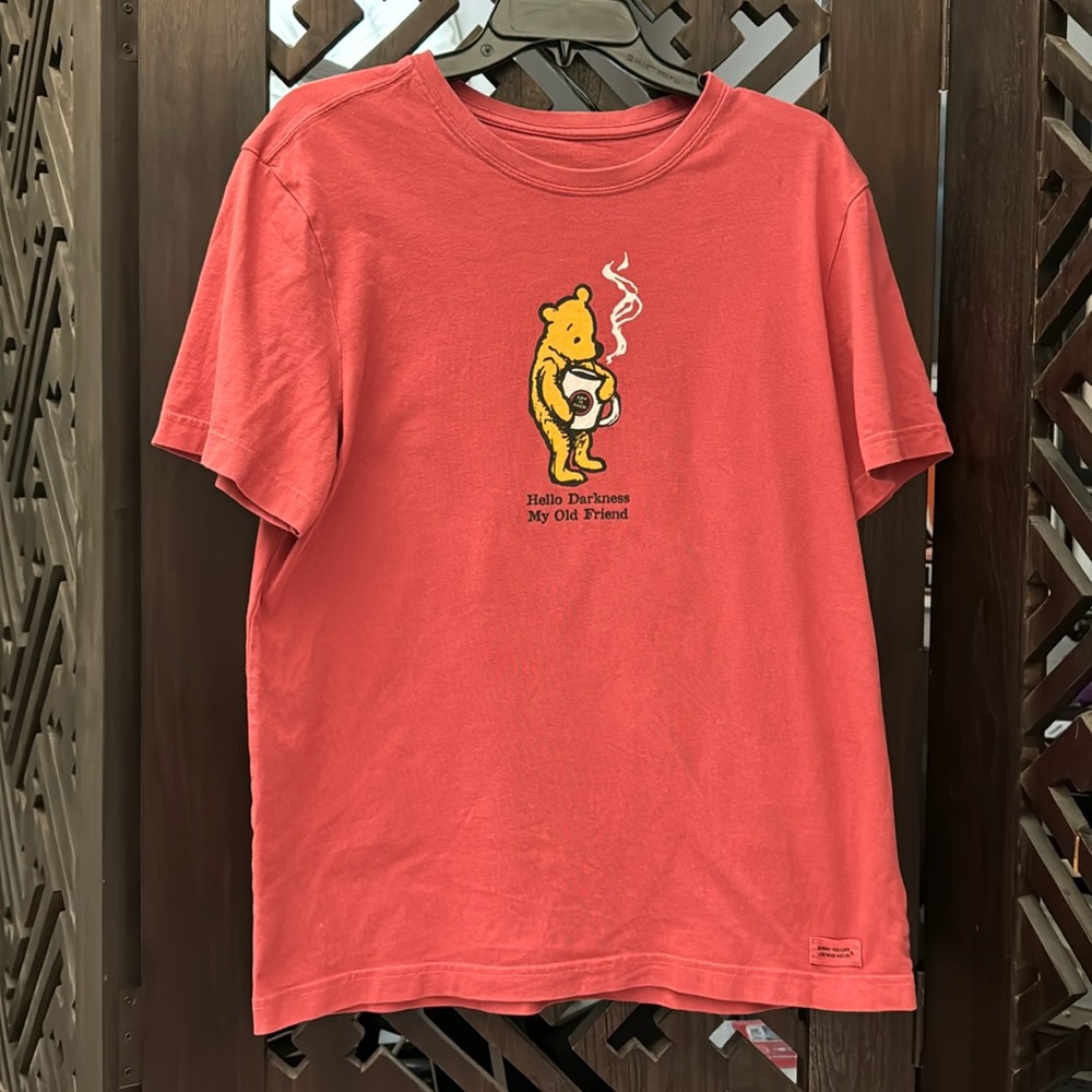 Life is Good Men's medium tee, Winnie the Pooh "Hello Darkness" coffee